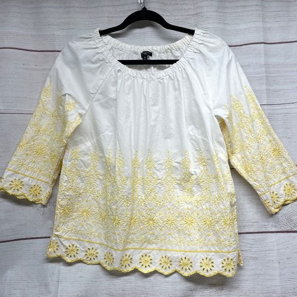 Talbots White Yellow Scoop Scallop Eyelet Embroidered Hem Top size Mp - Picture 1 of 9
